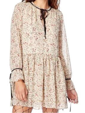 Lost + Wander Cream/Pink Mini Floral Long Sleeve Tie Cuff Drop Waist Dress (S)